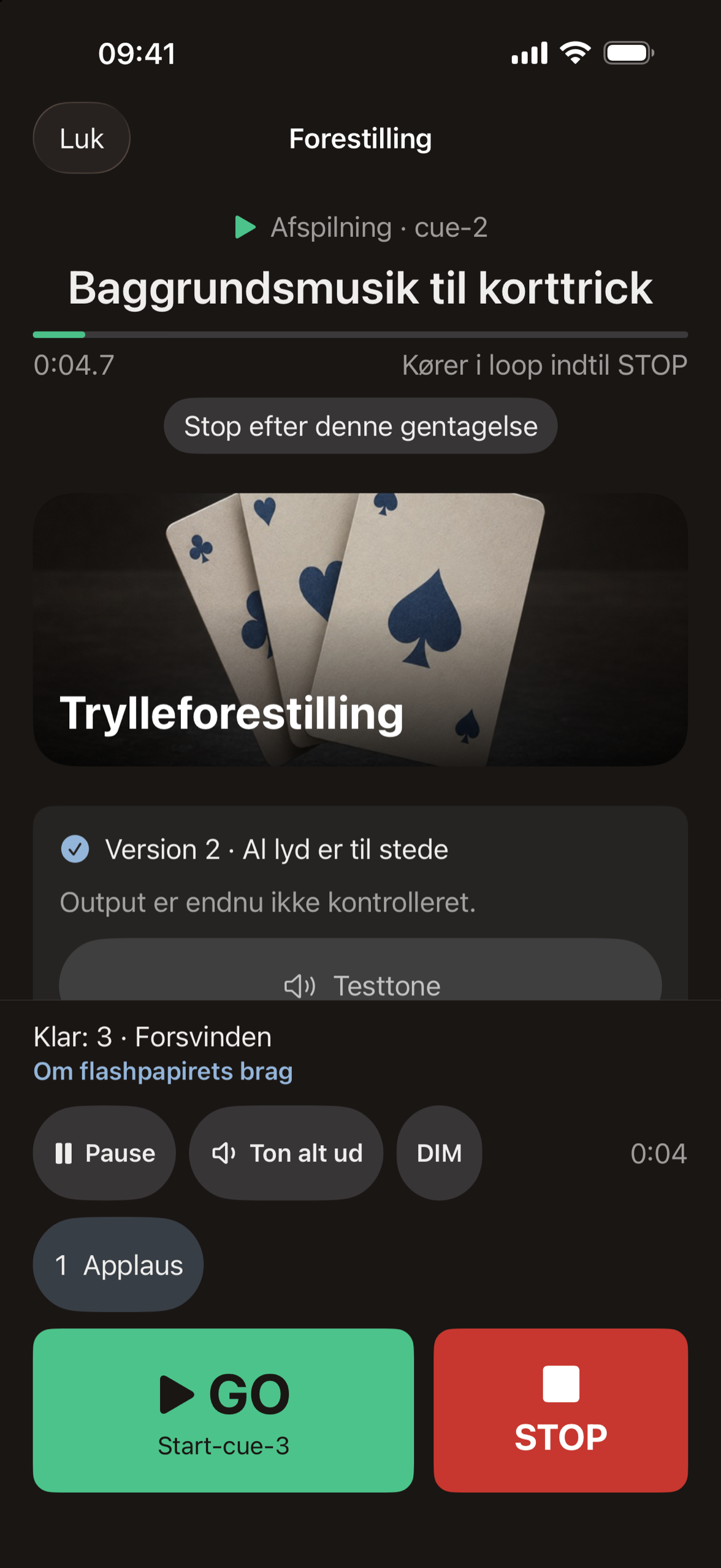 Cuefaro udfører: cue 2 afspilles, cue 3 er i standby med sin note
