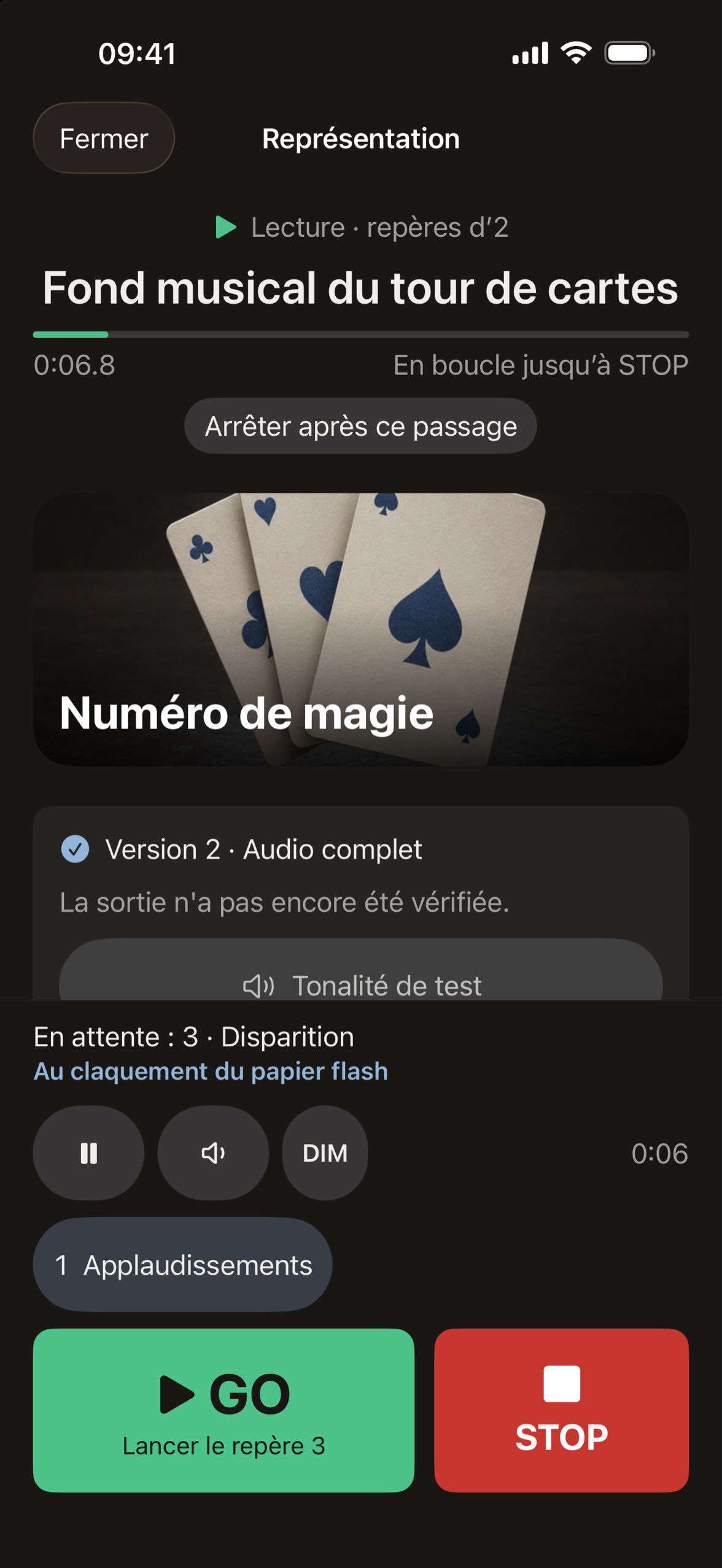 Cuefaro en action : le signal 2 est en cours de lecture, le signal 3 est en attente avec sa note
