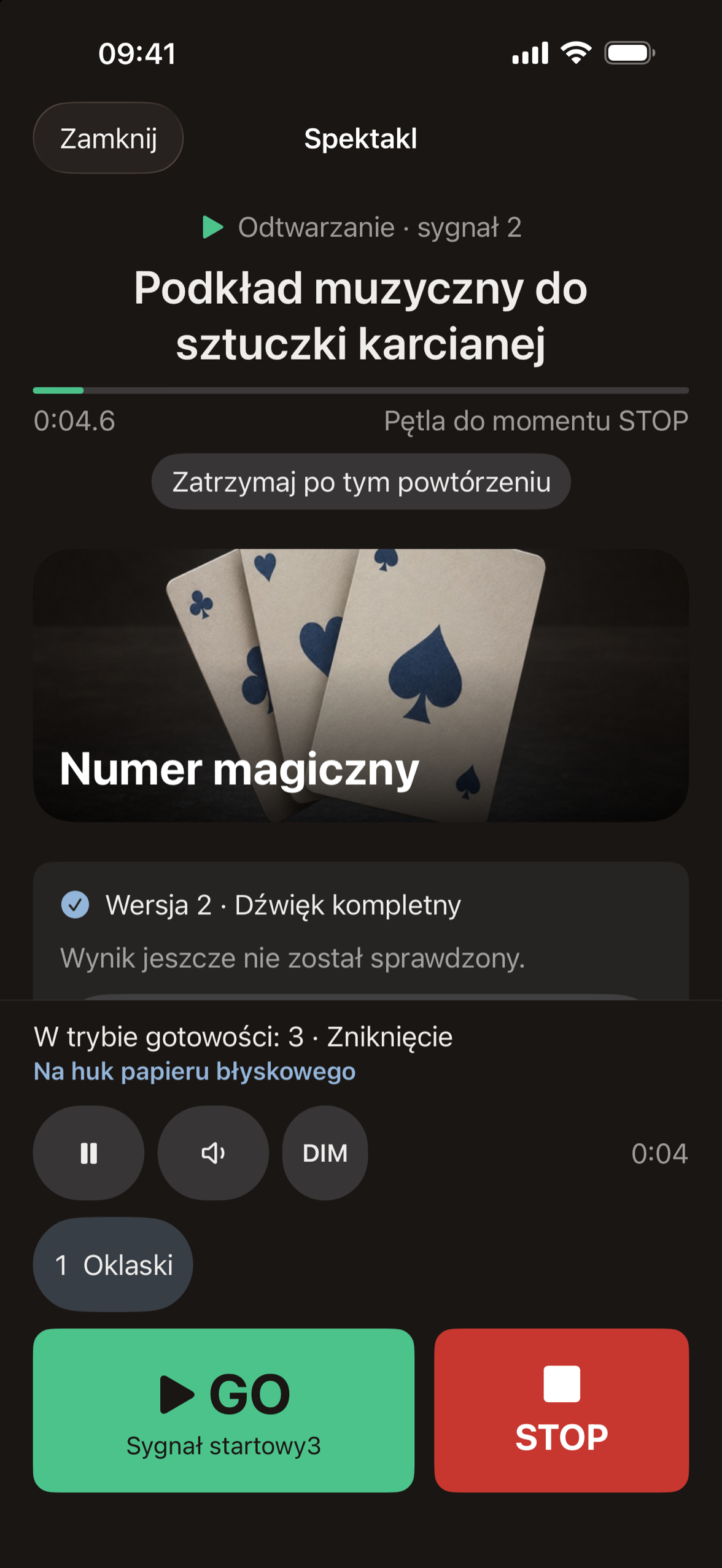 Cuefaro w akcji: odtwarza się sygnał 2, sygnał 3 jest w gotowości wraz z notatką