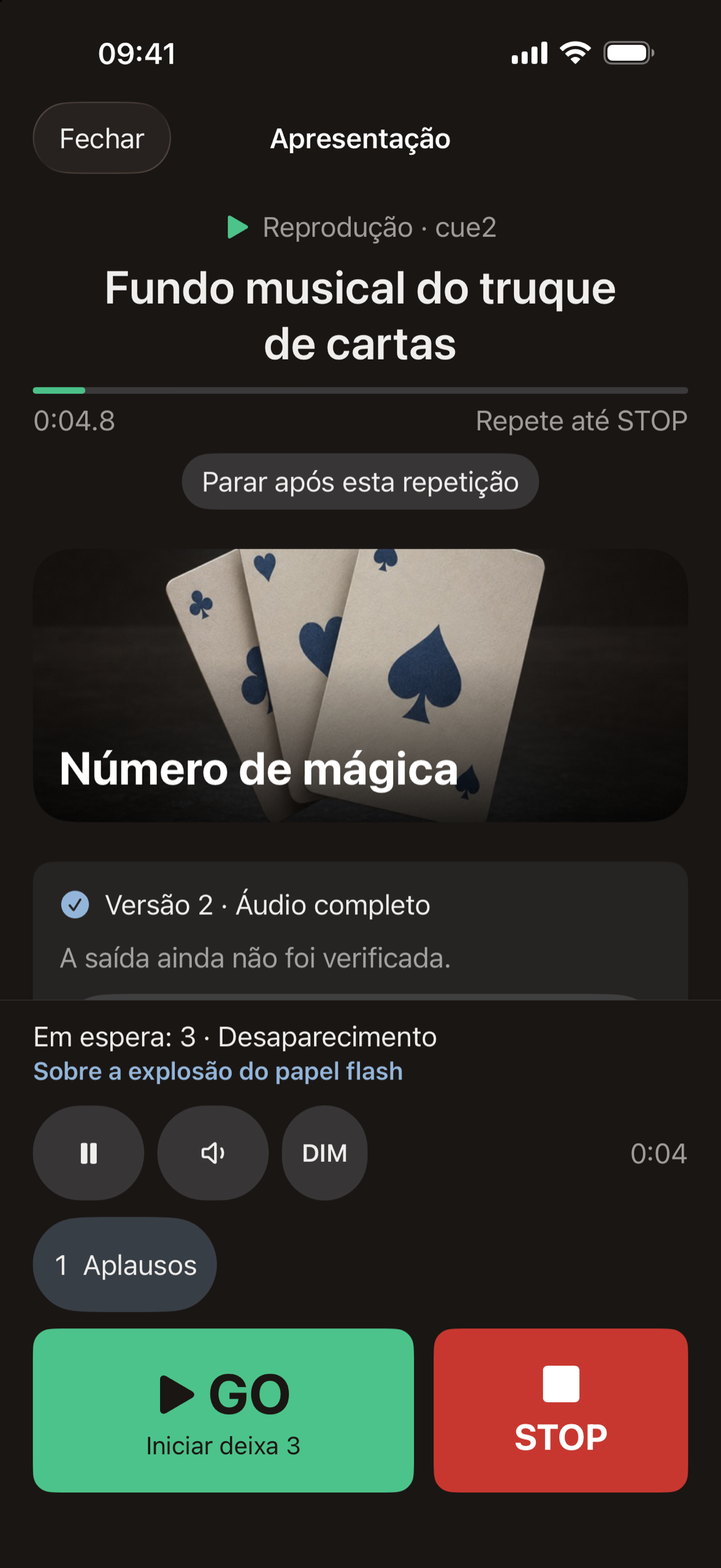 Cuefaro em ação: cue 2 tocando, cue 3 em espera com sua nota