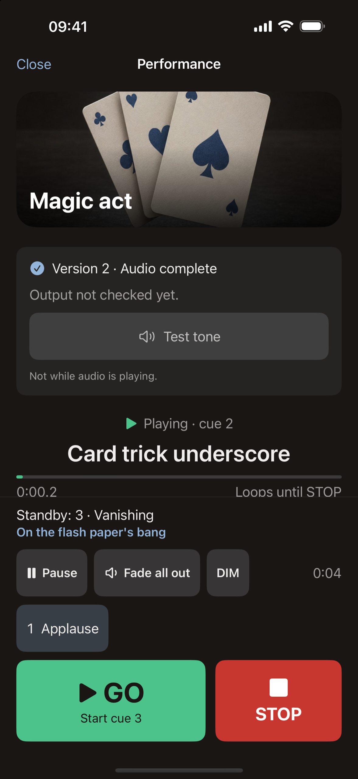 Cuefaro performing: cue 2 playing, cue 3 on standby with its note