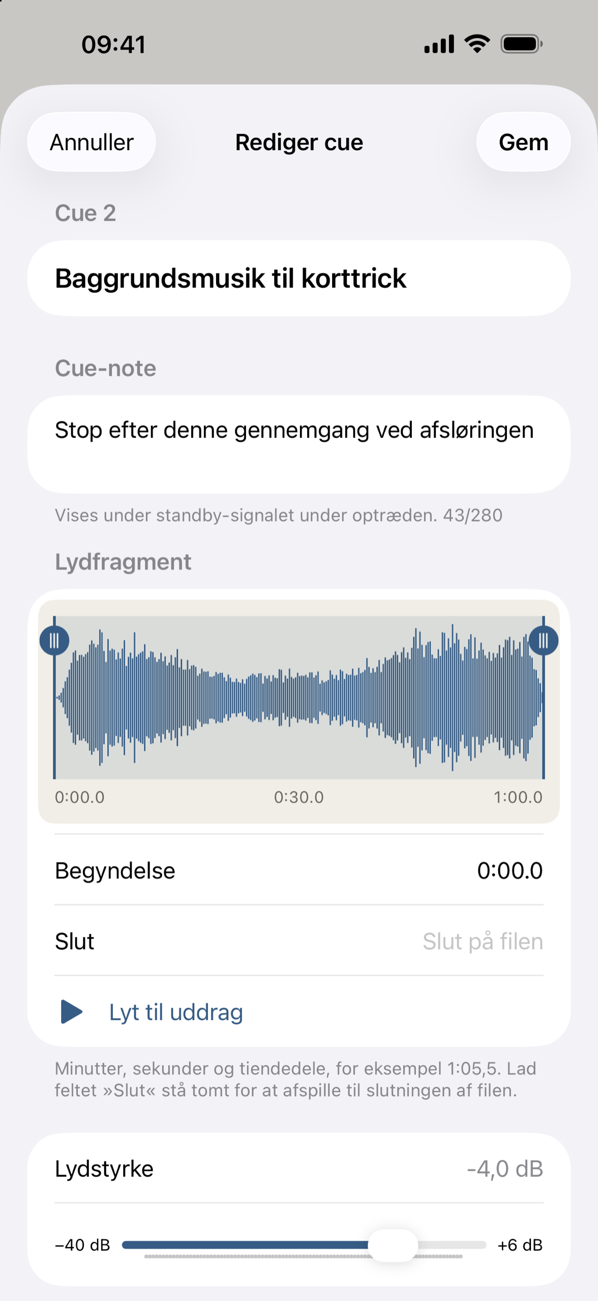 Cue-editoren med bølgeformen