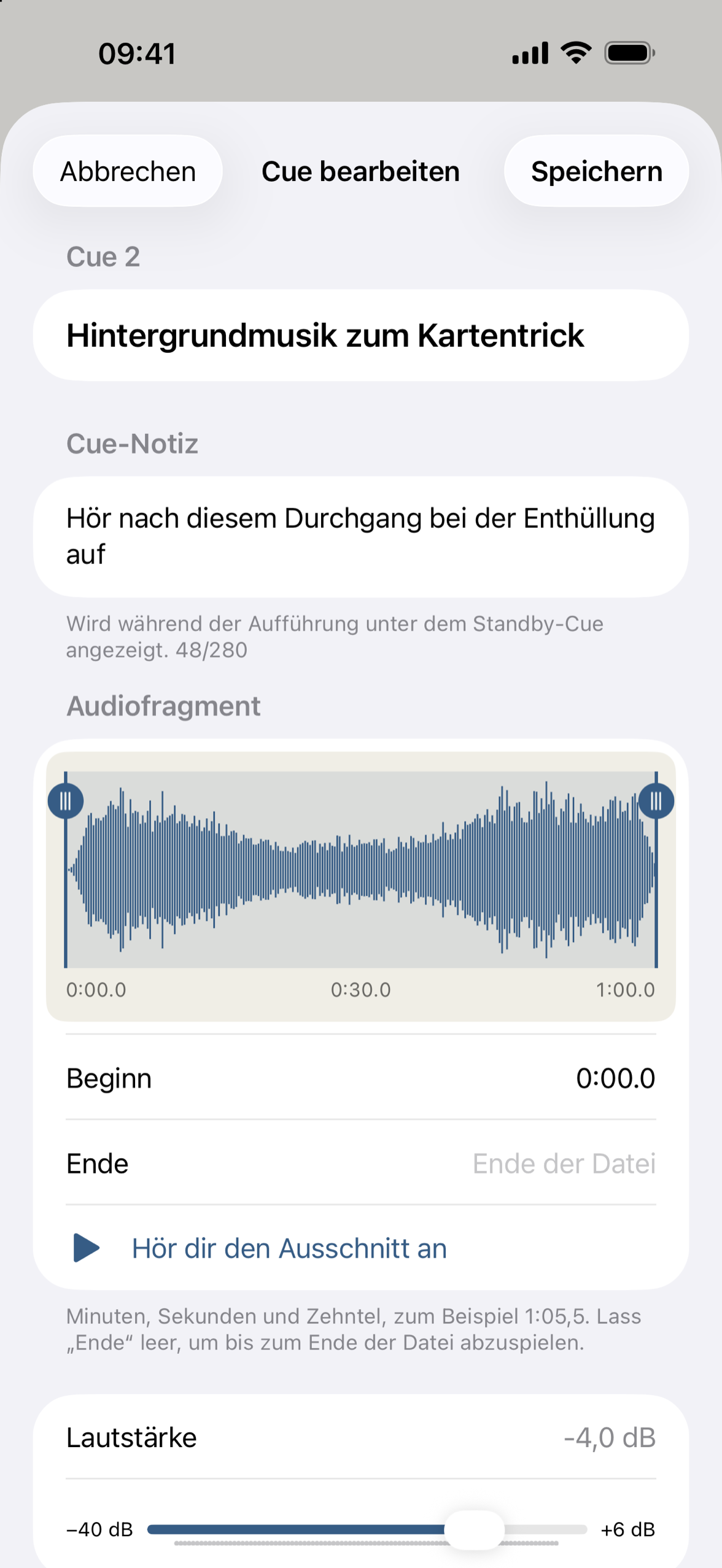 Der Cue-Editor mit der Wellenform