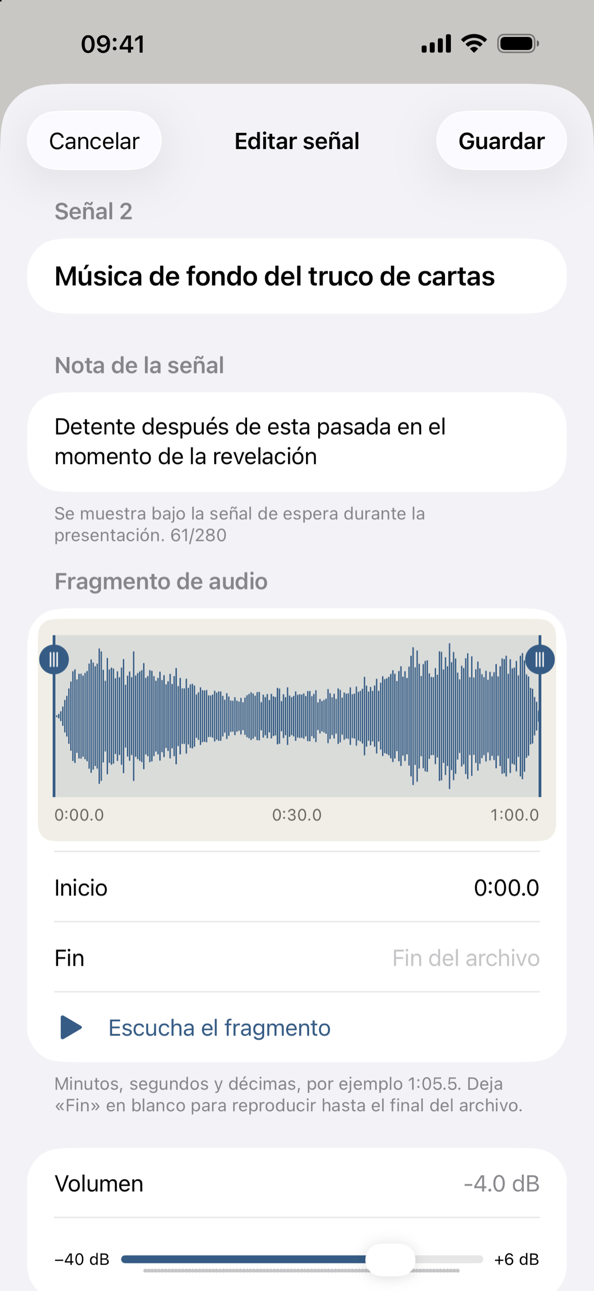El editor de señales con la forma de onda