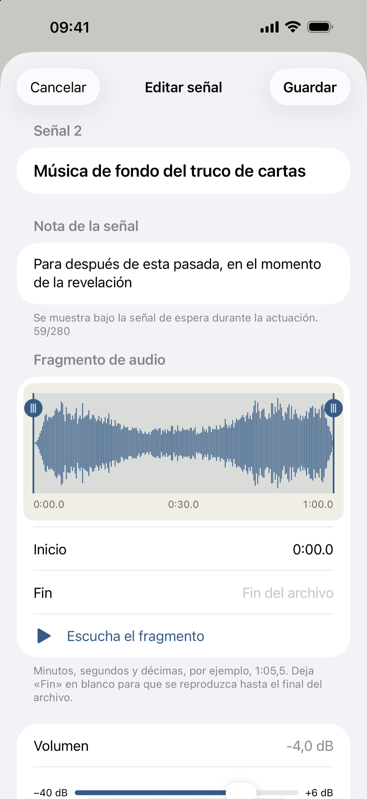 El editor de señales con la forma de onda