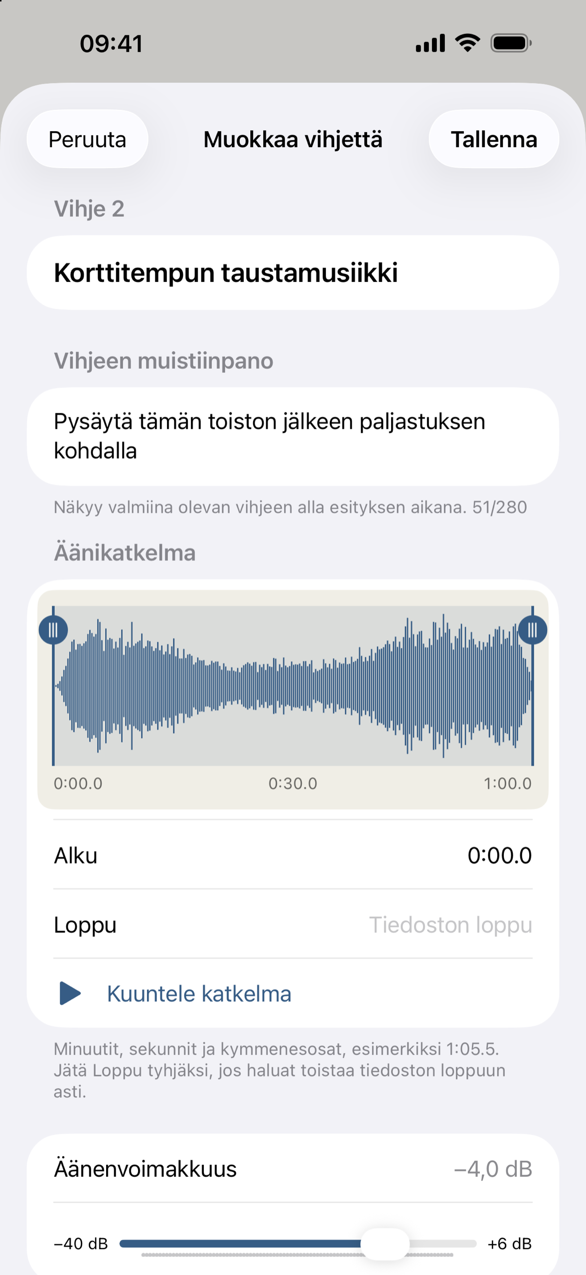 Vihjeen muokkausnäkymä ja aaltomuoto