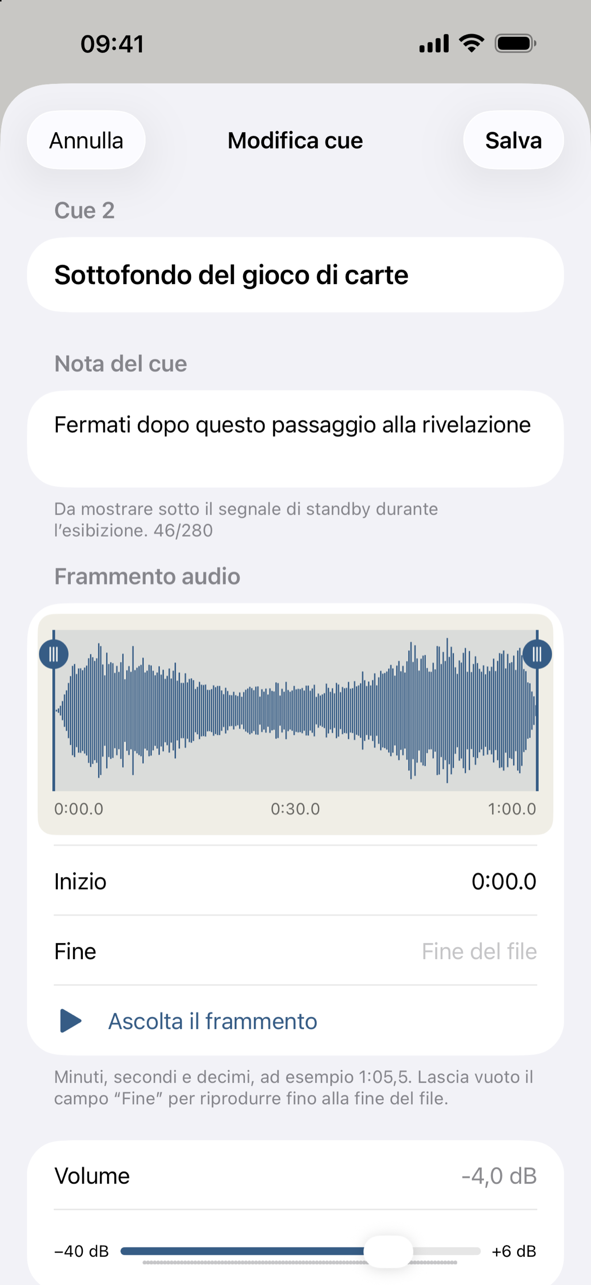 L’editor di cue con la forma d’onda