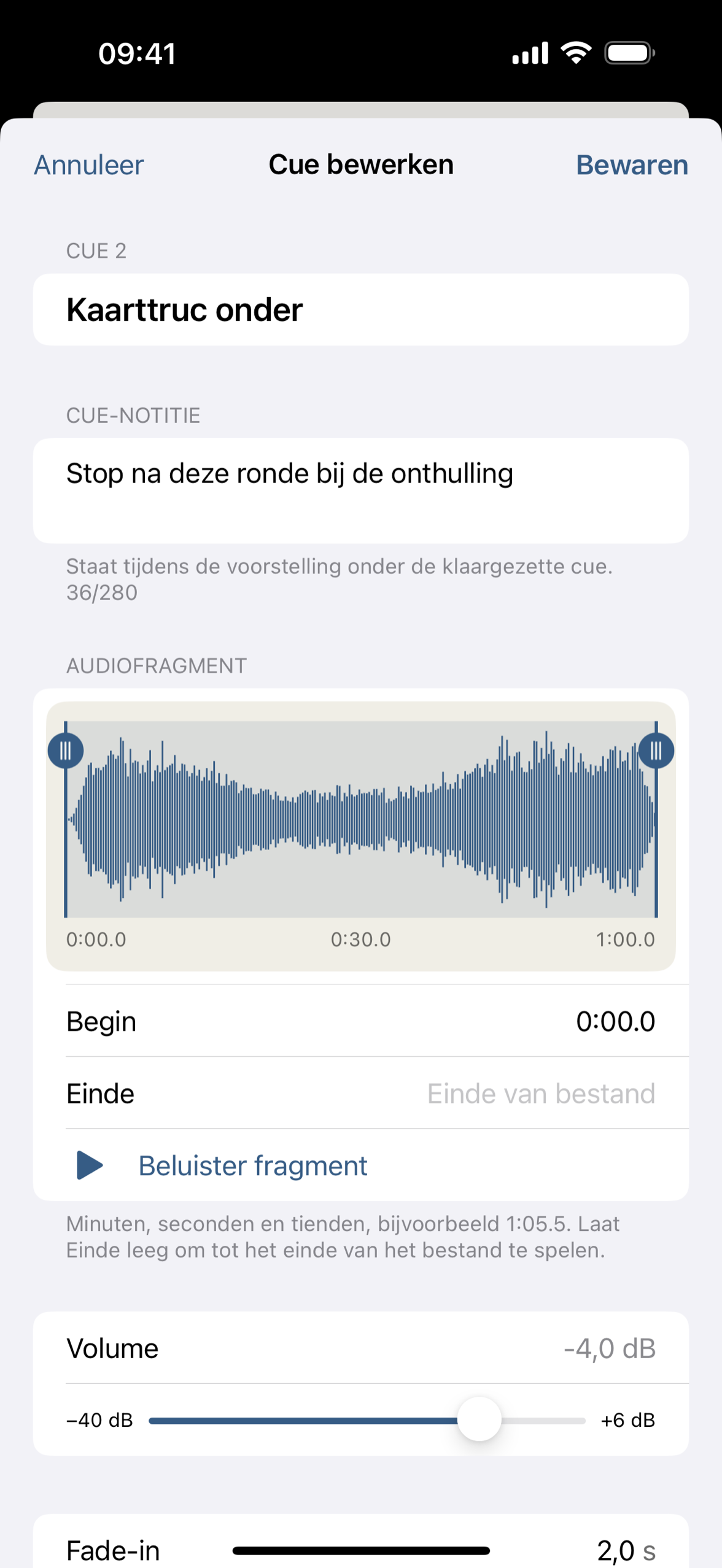De cue-editor met de golfvorm