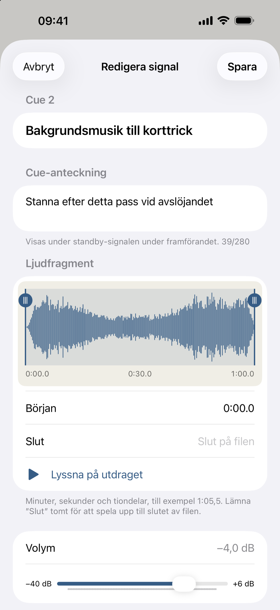 Cue-redigeraren med vågformen