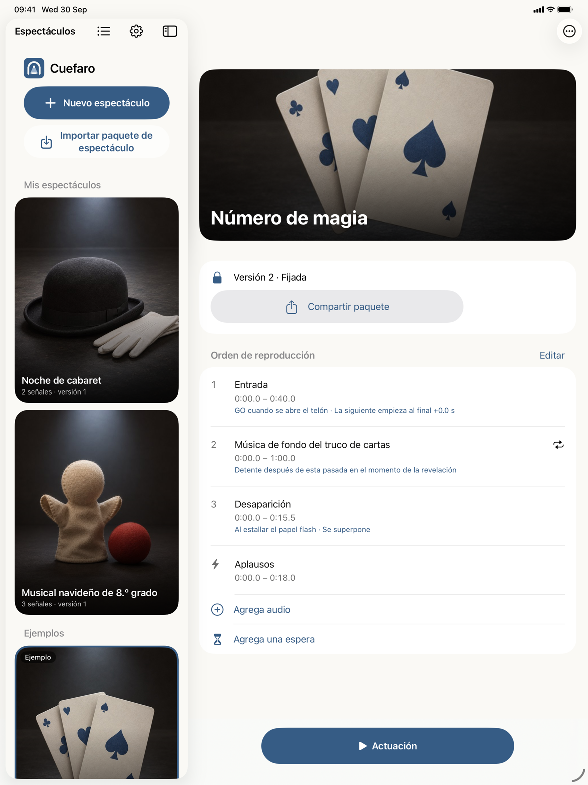 El orden de presentación de un espectáculo en el iPad, con notas y indicaciones