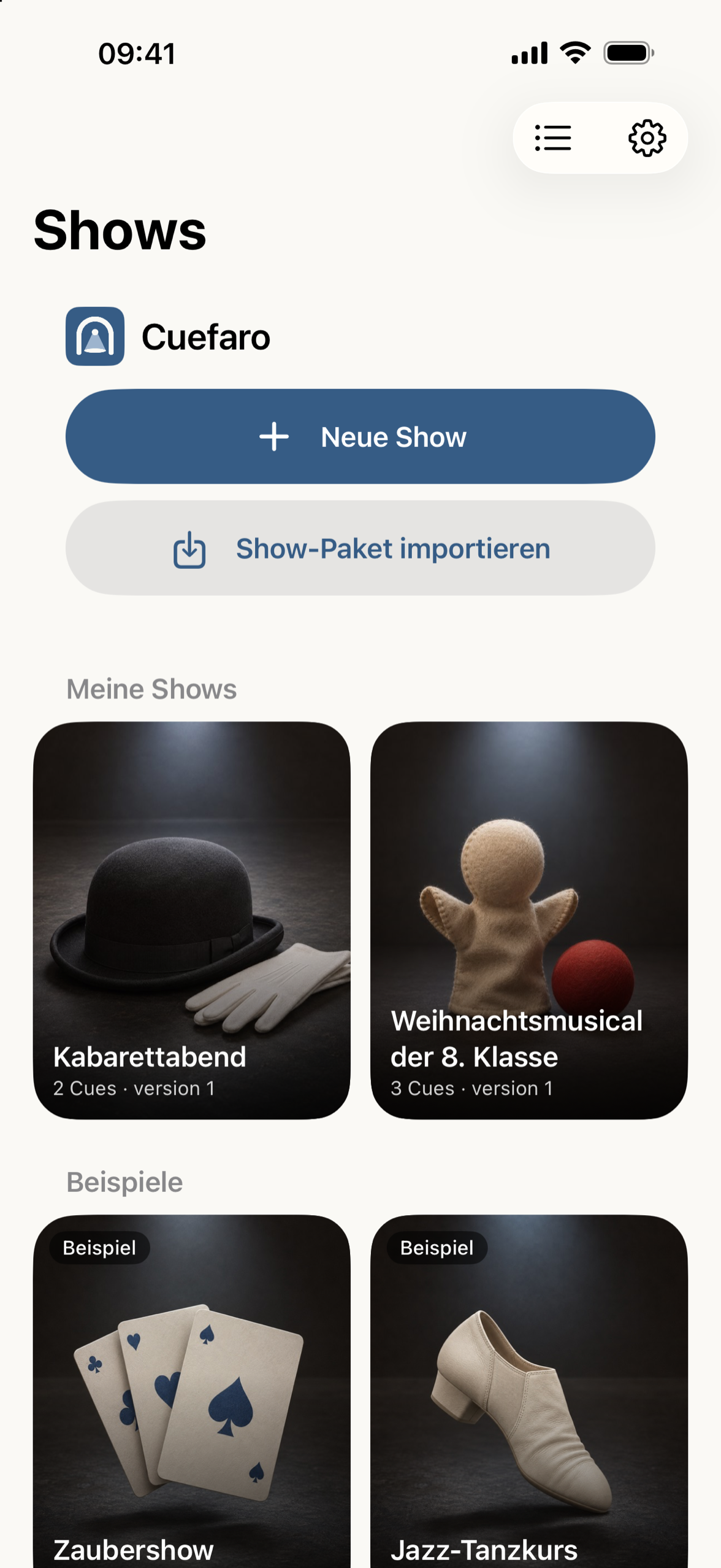 Die Bibliothek mit Covern für jede Show