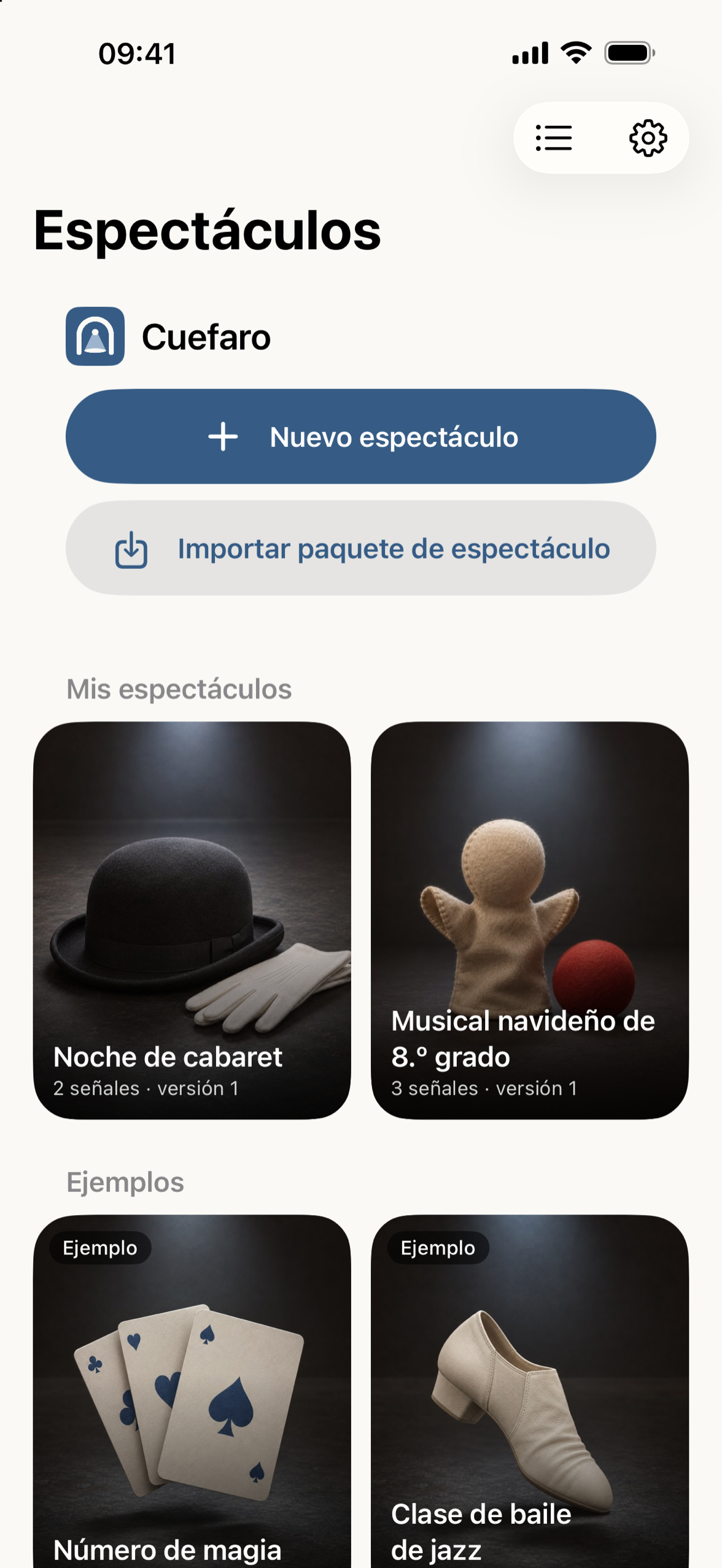 La biblioteca con portadas para cada espectáculo