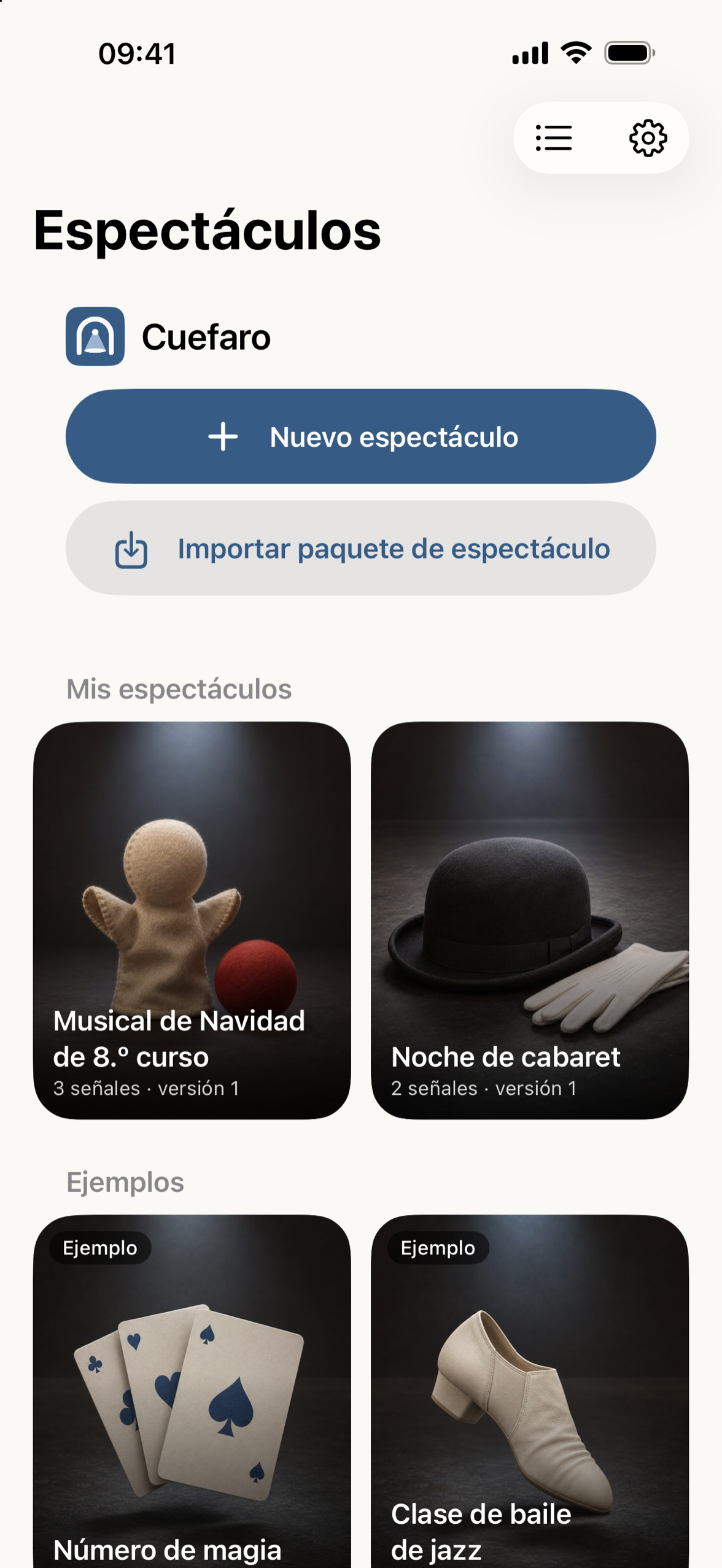 La biblioteca con portadas para cada espectáculo