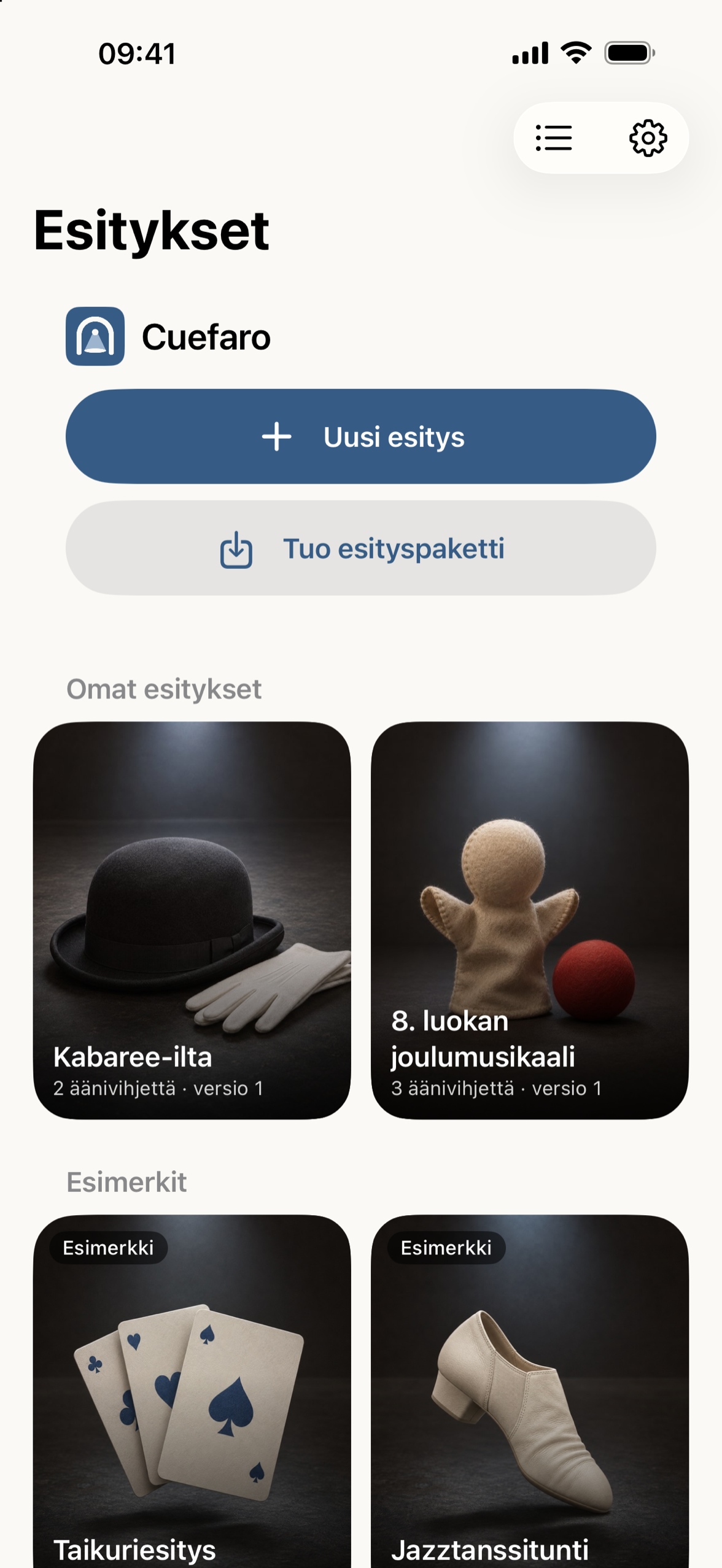 Kirjasto, jossa jokaisella esityksellä on kansikuva