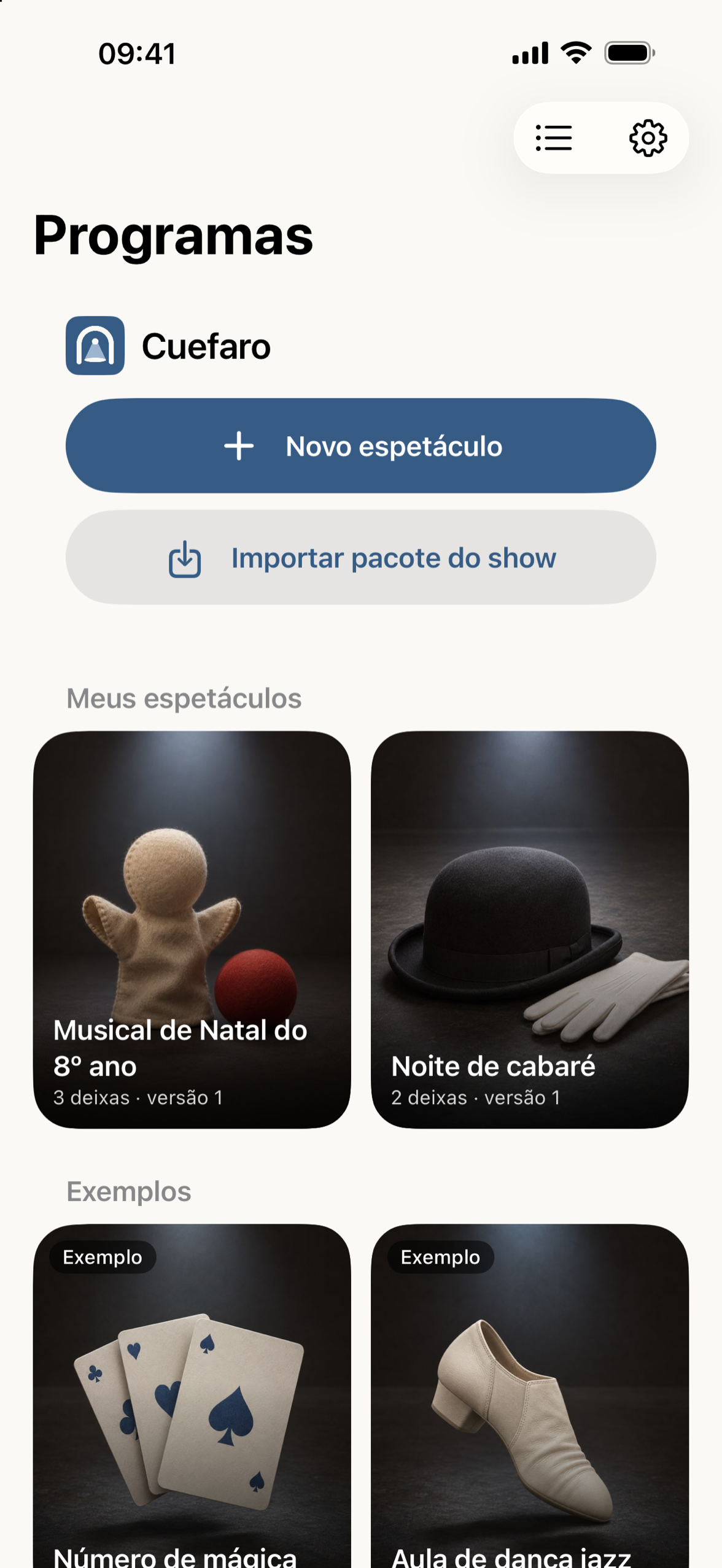 A biblioteca com capas para todos os espetáculos