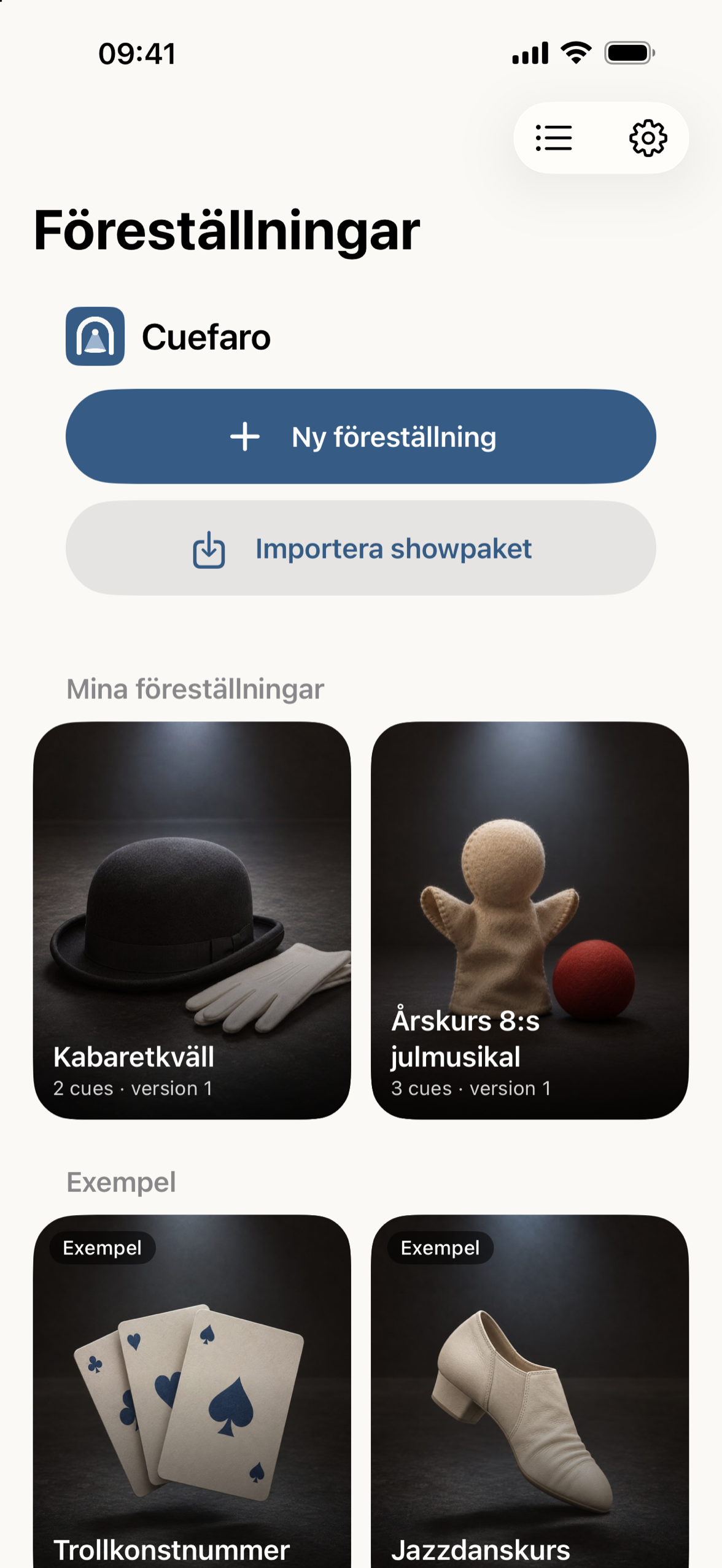 Biblioteket med omslag till varje föreställning