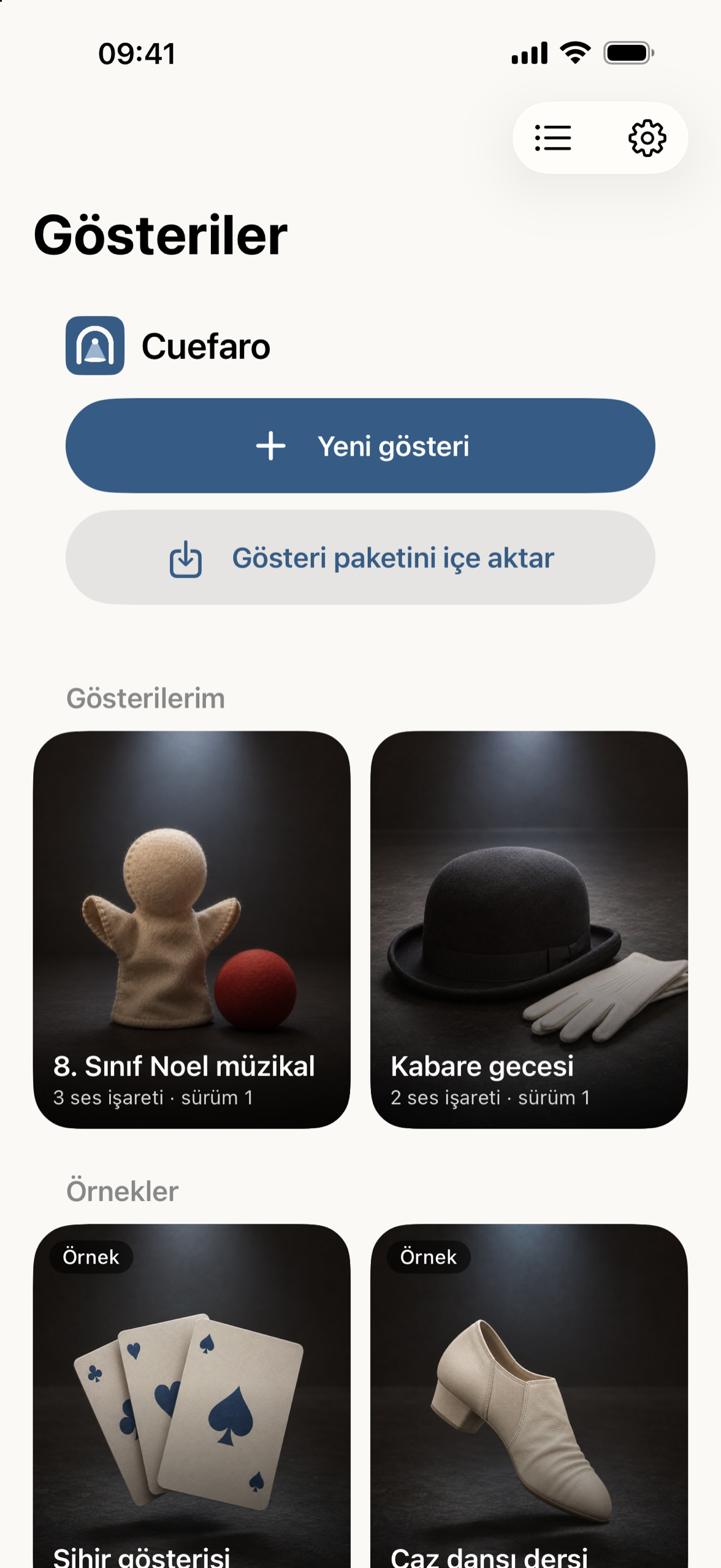 Her gösteri için kapakları içeren kütüphane